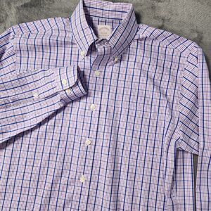 Brooks Brothers Non Iron Stretch Tattersall Check Purple Blue Plaid Mens Small